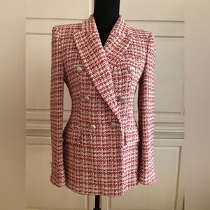 Zara textured Tailored Double-Breasted Tweed Blazer. red off white , black .